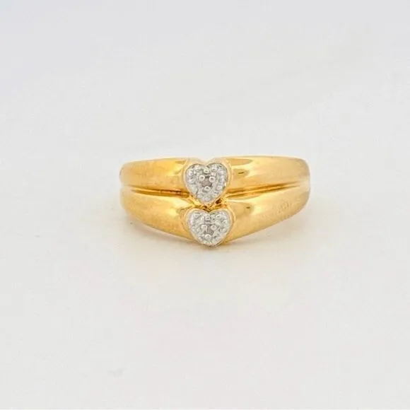 Elegant 925 Gold Filled Double Band Ring with Twin Heart Center, Cubic Zircon