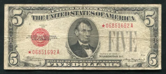Fr. 1528* 1928-C $5 Five Dollars *Star* Legal Tender United States Note 