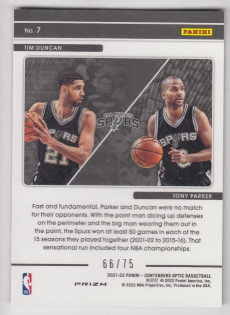 2021/22 Panini Contenders Optic Tim Duncan Tony Parker /75 Blue Cracked Ice #7 2