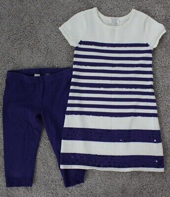 Childrens Place Girls Purple Stripe Sweater & Purple Capri Leggings Set Size 5/6