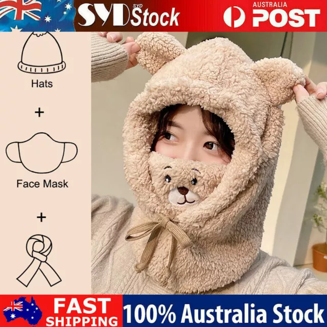 Women Cartoon Bear Ear Lamb Hat with Mask Scarf Warm Winter Ear Protection