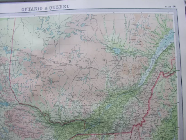 1920 MAP OF ONTARIO & QUEBEC Lake Huron Erie CANADA Maine Plate 86 Times Atlas 3