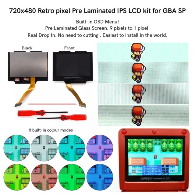 V5 Drop In Pre Laminated 720x480 Retro Pixel Backlight IPS LCD Kit For GBA SP