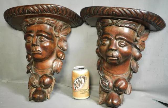 Pair Carved Baroque Wood Green Man Adam Eve Corbel Bracket Shelf Architectural