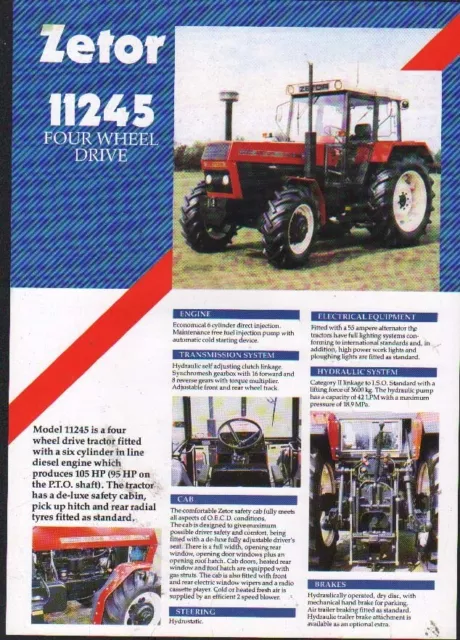 ZETOR "11245" Four Wheel Drive Tractor Brochure Leaflet