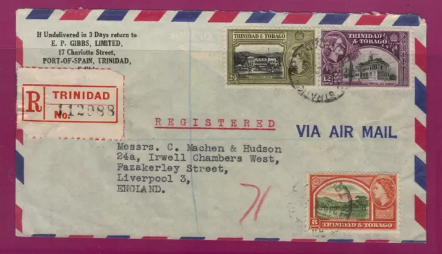 Trinidad & Tobago, 24 Dec 1954, Registered Airmail Cover To Liverpool Sg273-275.