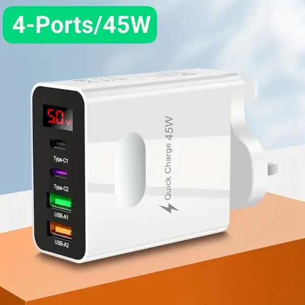 4 Ports Multi Plug Wall Charger 45W Phone Charge Adapter UK 2 USB + C for iPhone