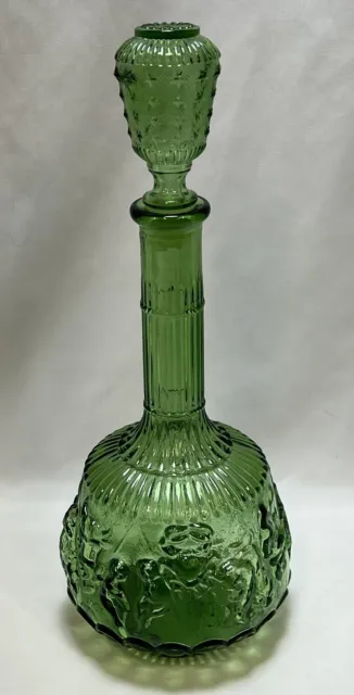 Vintage Empoli Italian green glass Zodiac genie bottle decanter with stopper