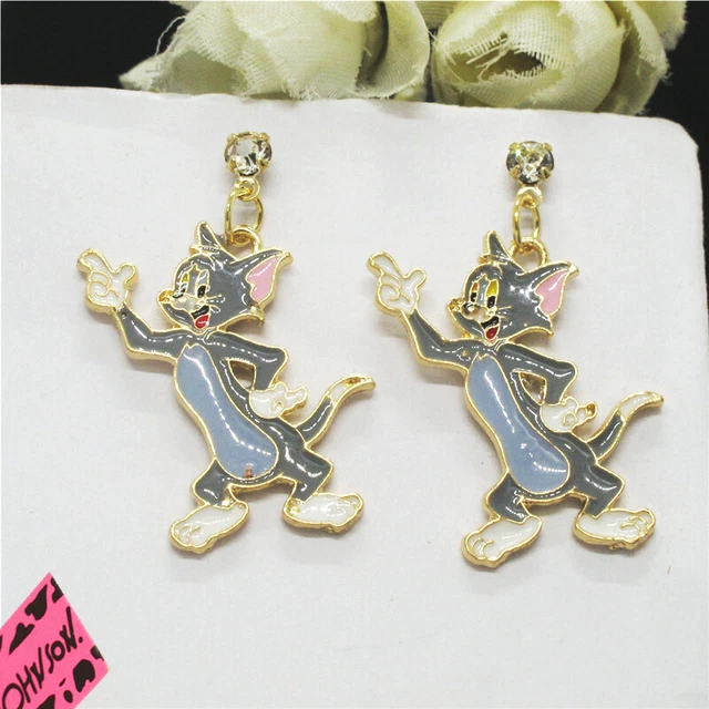 New Grey Enamel Cute Cartoon Cat Crystal Fashion Women Stand Earring Gifts