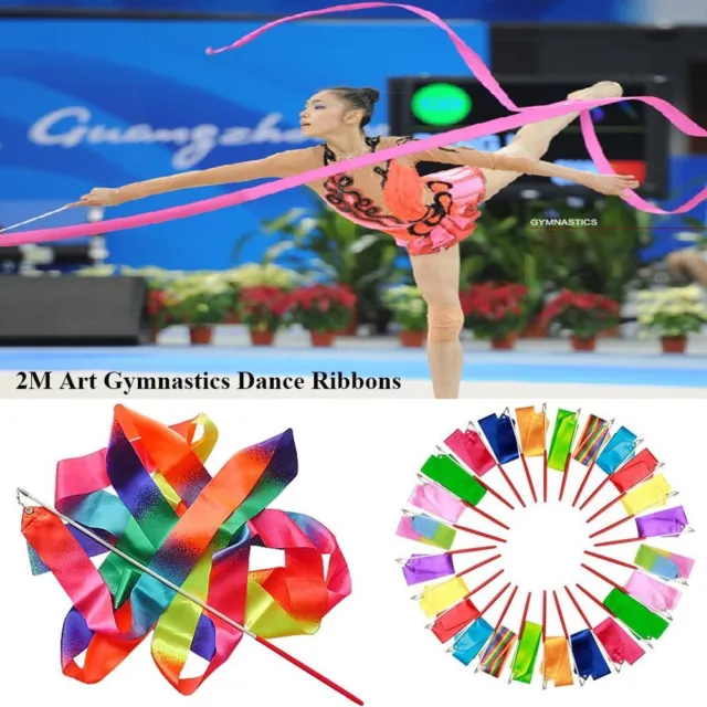 12 pièces 2 mètres ruban de gymnastique d'art rythmique avec bâton enfants  danse banderoles ruban tige pour la gymnastique 