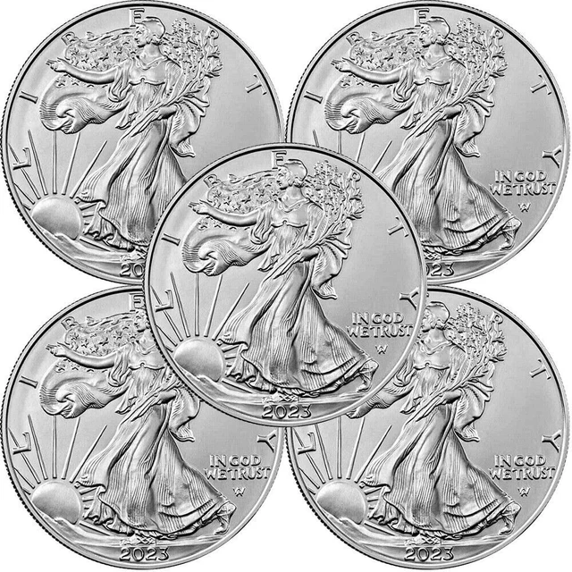 A Lot of 5 - 2023 American Eagle Coins 1 oz .999 Fine Silver BU Uncirculated