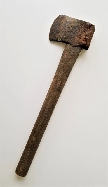 antique HANDMADE wrought iron AXE tool blacksmith made prim wood handle