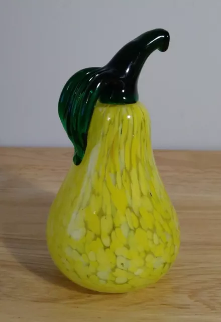 Yellow And Green Art Glass Pear Paperweight Ornament 12cm High Fruit