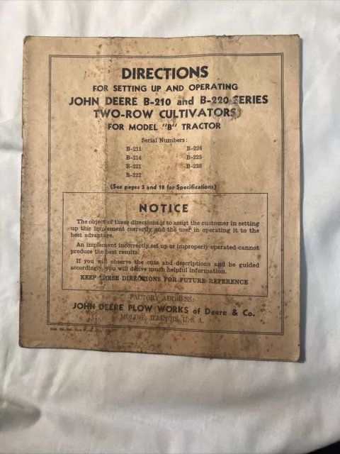 1937 John Deere B-210 220 two row cultivator Operator Manual Directions repair