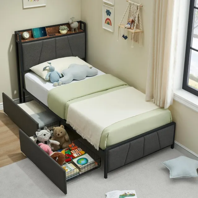 Bed Frame with 2 Storage Drawers with Storage Headboard and Charging Station