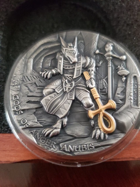 2019 $5 Niue ANUBIS Gods Of Anger Antique Finish 2 Oz Silver Gilded Coin.