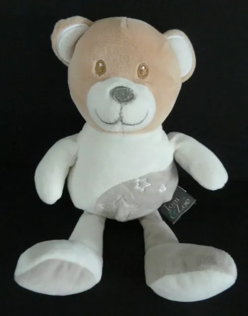 DC3- DOUDOU PELUCHE TOM ET ZOE OURS GRIS BLANC ETOILES 25cm BILLES ETAT NEUF *