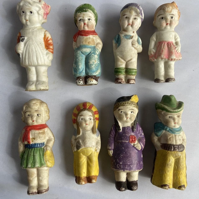 Lot 8 Vintage Miniature Frozen Charlotte Penny Dolls Japan Cowboy Cowgirl Indian