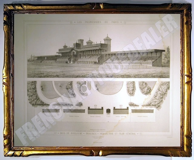 SUPERB ENGRAVING TRIBUNES by LONGCHAMP Bois de Boulogne PROMENADES DE PARIS 1882