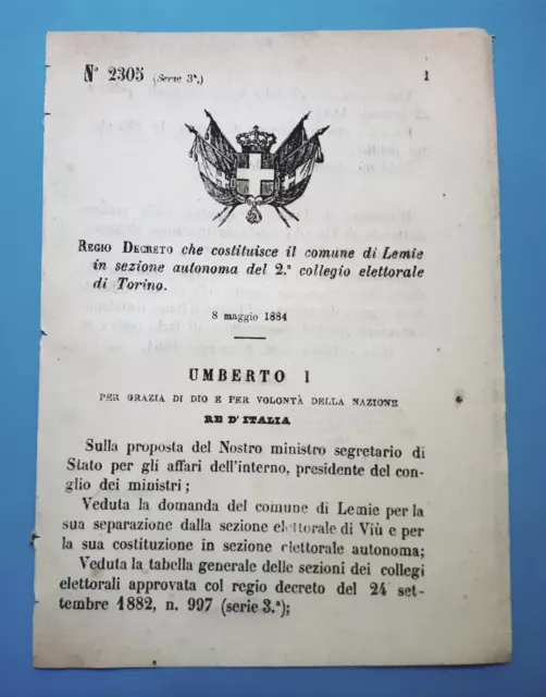 Decreto Regno Italia - Costituzione comune di Lemie in sezione di Torino 1884