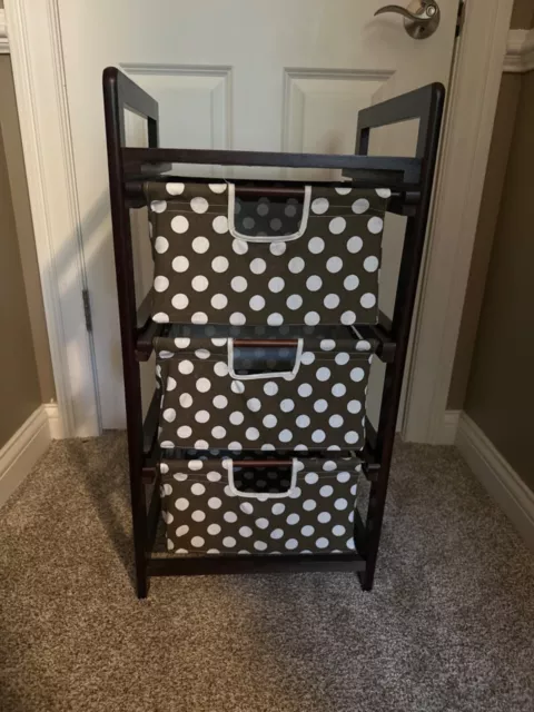 Espresso Finish Three Drawer Bin Hamper & Storage Unit Brown w/ White Polka Dots