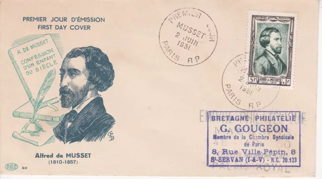 Enveloppe 1er jour FDC 1951 Alfred de Musset Paris - Série Napoléon