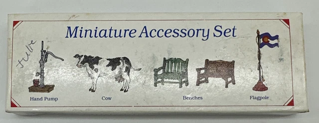 Vintage Liberty Falls Village 6pc Mini Accessory Set Benches, Cow, Flagpole,Pump