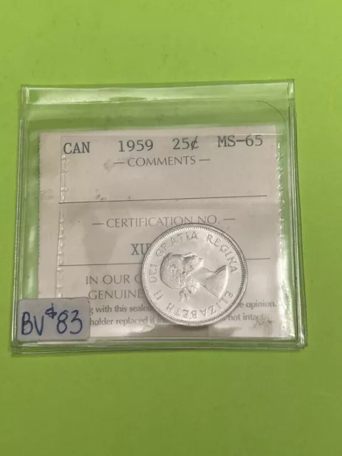 1959 Canada SILVER Twenty-Five Cents Coin ICCS MS 65  Quarter 25 Cents