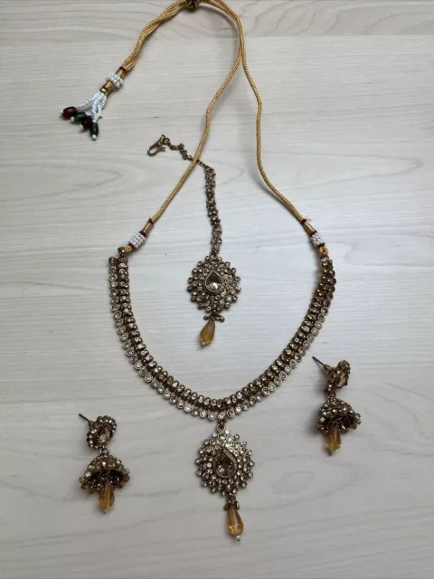 Gold Stone Set Earrings Tikka Necklace Matching New Unworn Indian Bollywood