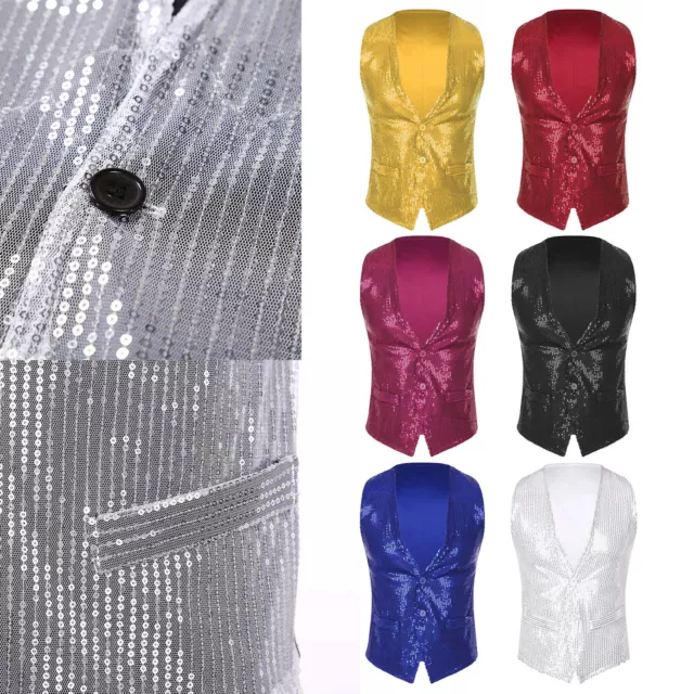 Gilet Homme Femme Slim Fit Paillette Gilet Boutonné Costume Soirée Disco Danse