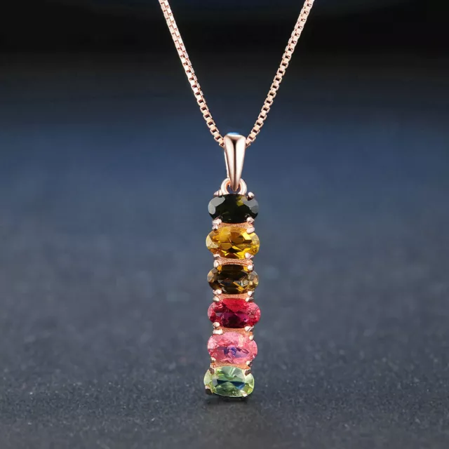 Real Solid 925 Sterling Silver Natural Oval Tourmaline Pendant Necklace 18"