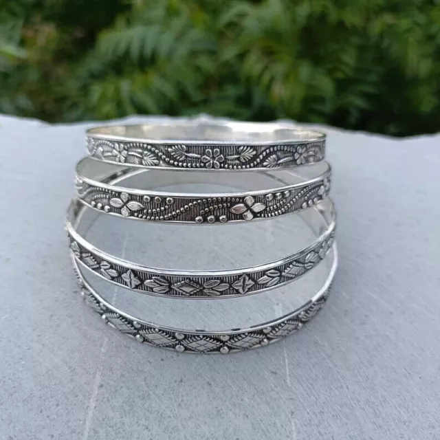 Set of 4 Solid 925 Sterling Silver Women Bangle Handmade Stackable Bangles R642