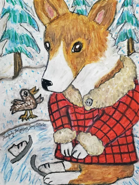 ACEO Corgi Ice Skating Dog Collectible Signed Art Card Print Pembroke Welsh Bird