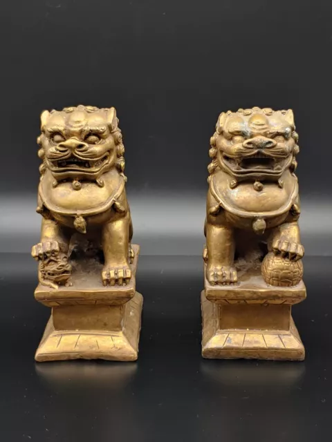 铜狮子北京狮 Vintage Chinese Beijing Brass Copper Couple Linons Baby Figurine Statue