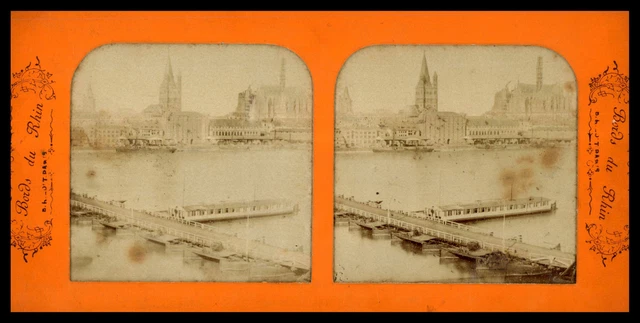 ALLEMAGNE Cologne Pont de bateaux c1870 Photo Stereo Vintage Albumine