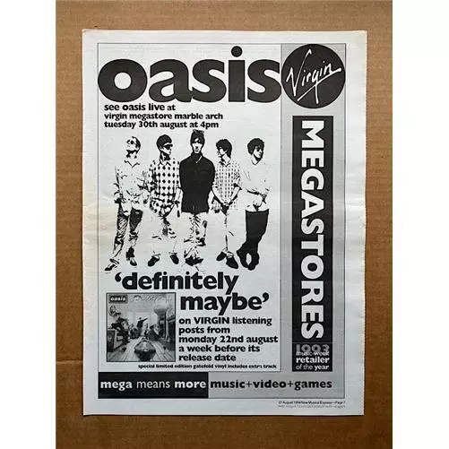 OASIS DEFINITELY MAYBE (C) POSTER SIZED original music press advert from 1994 -