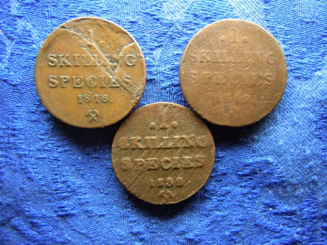 NORWAY 1 SKILLING 1816 KM284, 1819 cleaned, 1832 corroded KM286