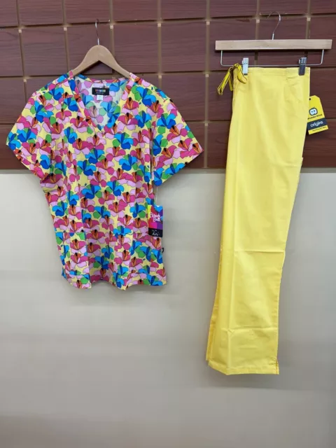 NEW Yellow Print Scrubs Set With Koi XL Top & Wink XL Pants NWT