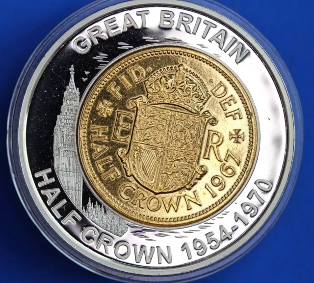 British Currency Silverplated medal 50mm, Inlay Elizabeth II Half Crown  [29972]