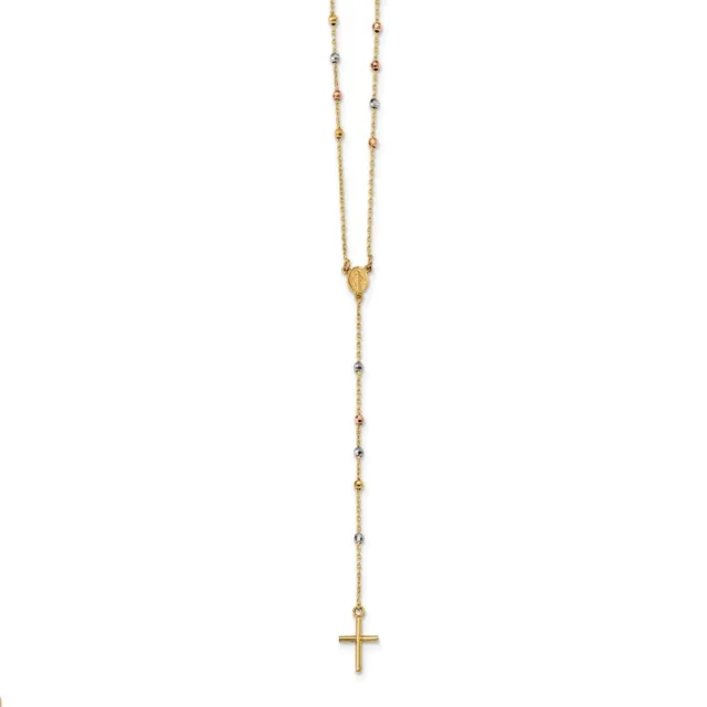 14k Tri-color Gold Bead Rosary Hollow Miraculous Medal 24 inch Necklace 4.06g