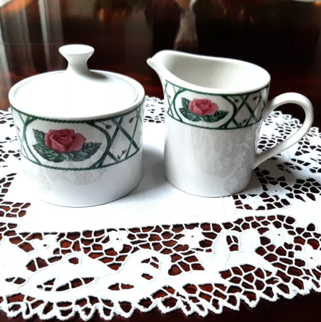 Vintage SANGO "Trellis Rose" Sugar Bowl and Creamer, White, Teal, Pink