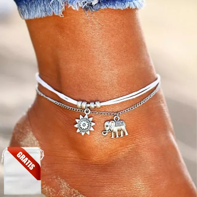 Fußkettchen Damen Silber Sonne Elefant Weiß Fußkette Fusskette Schmuck Geschenk