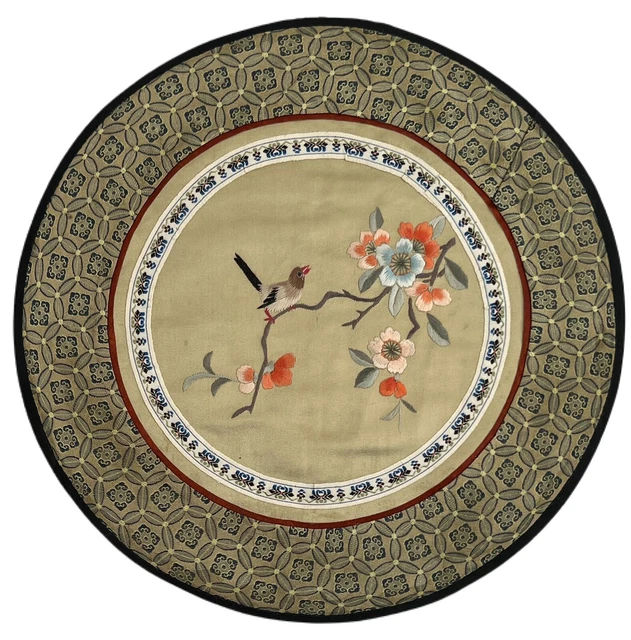 Vtg Silk Embroidered Bird Floral Round Badge Panel Chinese 11" Diameter
