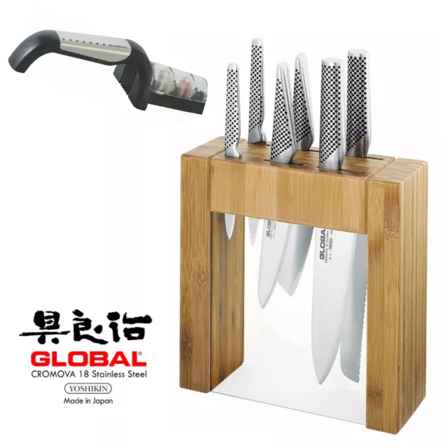 New Global Ikasu 7Pc Knife Block Set + Bonus 2 Stage Sharpener Knives Japan