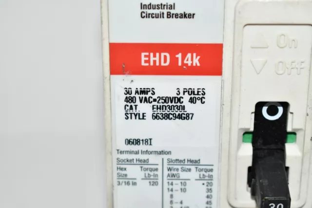Interruptor circuito Eaton Cutler Hammer EHD3030L EHD 14L 30A 3 polos 480VAC 250VDC 663 2