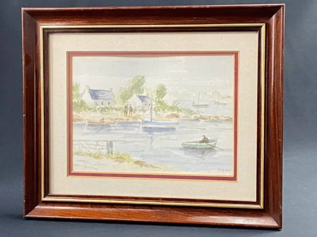 Tableau aquarelle paysage breton aux barques signé Robert MOGISSE