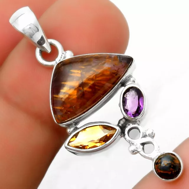 Cacoxenite, Citrine, Amethyst & Pietersite 925 Silver Pendant Jewelry P-1602