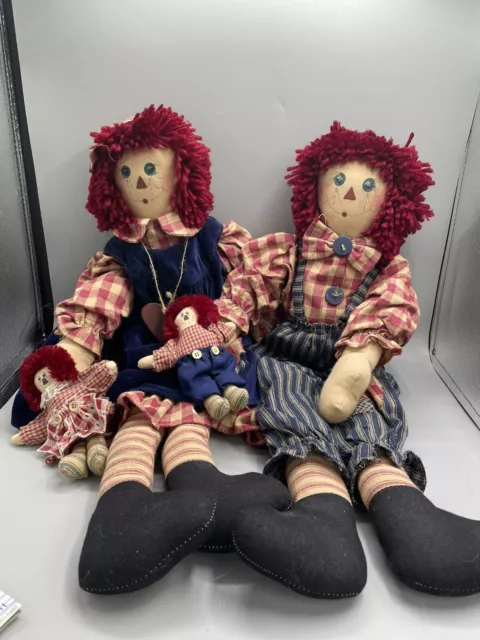 Large Vintage  21" Raggedy Ann & Raggedy Andy Dolls PAIR-handmade