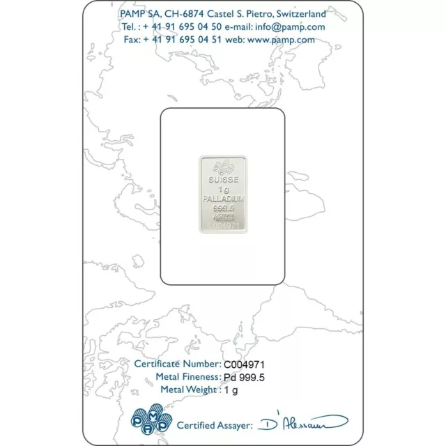 1 gram Fine PALLADIUM Bar 999.5  PAMP Suisse Lady Fortuna  sealed 2