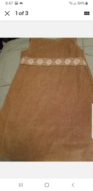Girls Tan Brown Corduroy Jumper Dress W/ Pink Flowered Trim